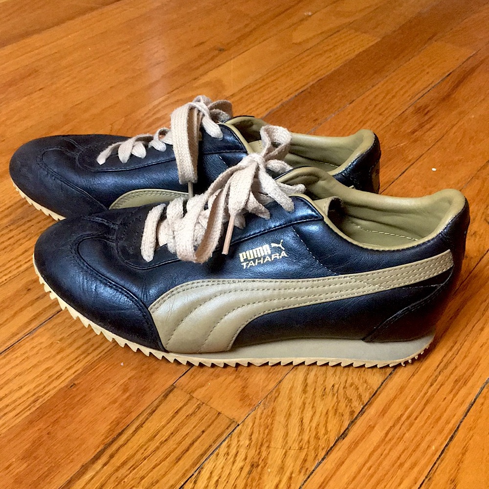 PUMA Tahara Women’s Leather Sneakers, US Size 6/EU 36, Black/Tan, Gently Used